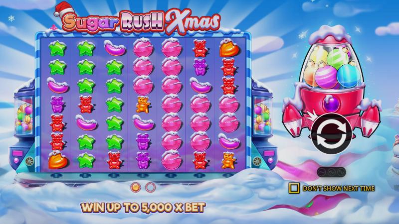 Sugar Rush Xmas opening screen with snow-covered symbols